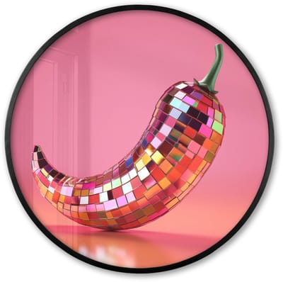 Poster in lijst Rond - Fotolijst 60x60 cm - Posters - Peper - Disco - Rood - Glitter - Ronde posterlijst zwart - Decoratie - Wanddecoratie woonkamer - Muurdecoratie slaapkamer