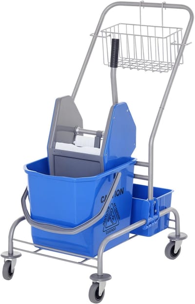 Allero Dweil - Dweilkar - Dweilemmer - Reinigingswagen - Afdruiprek - 26 Liter - Mopset - Twee Opbergmanden - Blauw - 73x45x95 cm