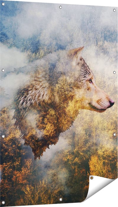Gards Tuinposter Wolvenkop op een Herfstbos - Wolf - Abstract - 80x120 cm - Tuindoek - Tuindecoratie - Wanddecoratie buiten - Tuinschilderij