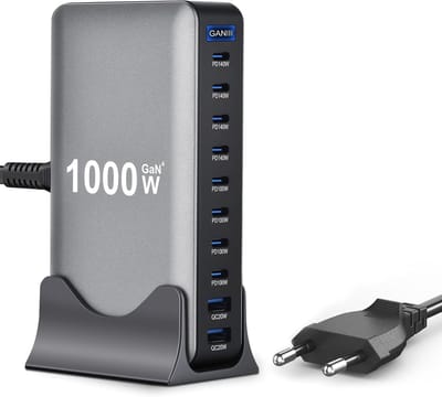 1000 W USB C-oplader, meerdere poorten, 10 poorten, snellader, Gan 4 Max, 140 W, PD3.1/QC20W, laptop, power laadstation (8 USB‑C en 2 USB‑A) voor MacBook Air, i-Pad, iPh0ne 17/16/15, Galaxy