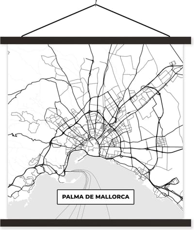 Posterhanger incl. Poster 60x60 cm - Schoolplaat - Kaart - Mallorca - Stadskaart - Zwart Wit - Plattegrond - Textielposter - Zwarte latten - Stadskaart