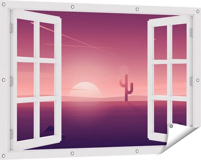 Gards Tuinposter Doorkijk Zonsondergang in de Woestijn met een Cactus - 120x80 cm - Tuindoek - Tuindecoratie - Wanddecoratie buiten - Tuinschilderij