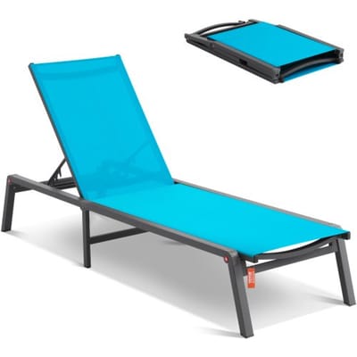 VEVOR Outdoor Chaise Lounge Chair, Aluminium Patio Lounge Chair met 5 Verstelbare Standen, Opvouwbare Zwembad Lounge Chair met Ligfunctie en Volledig Vlakke Zonnestoel voor Terras, Strand, Zwembad, Blauw
