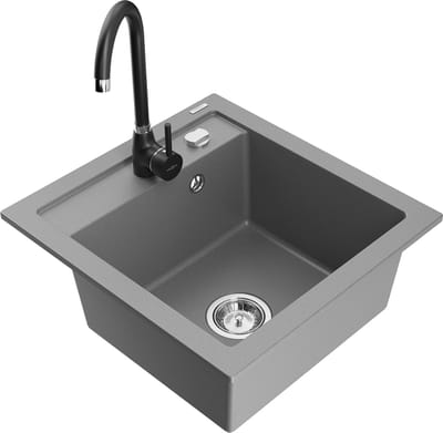 Mexen Vito granieten spoelbak met 1 bak en Telma keukenmengkraan, grijs - 6503-71-670200-70