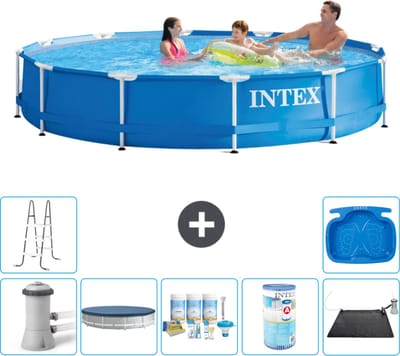 Intex Rond Frame Zwembad - 366 x 76 cm - Blauw - Inclusief Pomp - Afdekzeil - Onderhoudspakket - Filter - Solar Mat - Ladder - Voetenbad - 8-delig