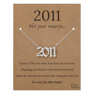 Jaartal 2011 Ketting op Cadeau Kaartje - Zilverkleurig Stainless Steel - 45cm - Met informatie over geboortejaar - Pax Amare