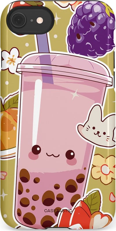 Casetastic Hoesje Geschikt voor Apple iPhone 7/8/SE - Stijlvolle Beschermende Duo-layer Case - Roze Rode Kawaii Bubbletea Korea
