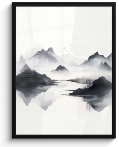 Poster in lijst - Fotolijst 50x70 cm - Posters - Bergen - Mistig - Water - Wit - Posterlijst zwart - Decoratie - Wanddecoratie woonkamer - Muurdecoratie slaapkamer