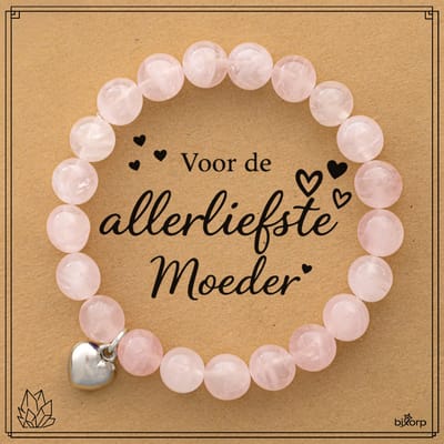 Bixorp Rozenkwarts Armband op Cadeau Kaartje - Voor de Allerliefste Moeder - Met Hartje Hanger - 8mm / 18cm Edelsteen Kralenarmband - Inclusief Cadeau Envelop