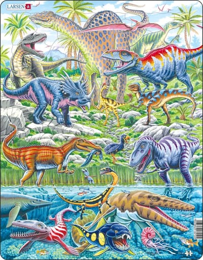 Larsen Dinosauriërs die vliegen, rennen en duiken – Puzzel – Dieren – Prehistorie – Educatieve legpuzzel voor kinderen – 70 stukjes – Gemaakt in Noorwegen – Extra dikke 2,5 mm stukjes – Tray met vaste rand