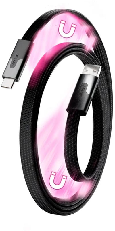 Statik MagStack Slim oplaadkabel -1m - USB-A to USB-C - Zwart- 27W- nyloon gevlochten kabel - magnetische oprolbaar- knoopvrij