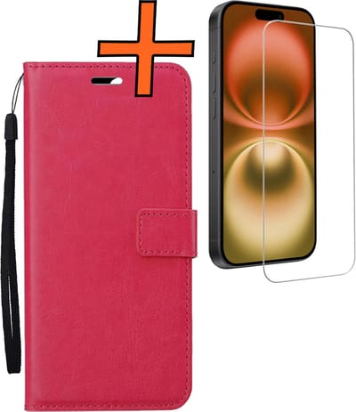 Hoes - Met Screenprotector - Geschikt voor Apple iPhone 16 - Luxe Pasjeshouder - Bookcase Portemonee - Flip Case - Kunstleer Book Case - Flipcase - Book Cover - Walletcase - PortemonneeHoes - Donkerroze