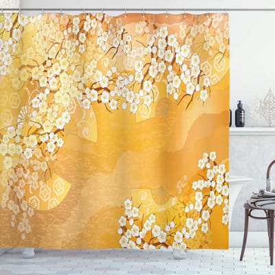 ABAKUHAUS Douchegordijn – Bloemenprint – 175x240 cm – Goudsbloem Crème
