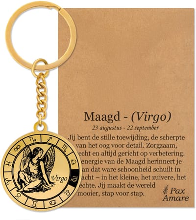 Sterrenbeeld Maagd (Virgo) Sleutelhanger op Cadeau Kaartje – Spiritueel Cadeau van Roestvrij Staal – Goudkleurig – Pax Amare