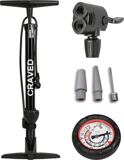 Craved Fietspomp - met drukmeter - Dubbele ventielkop - Zwart - Universeel