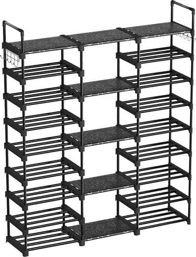 Schoenenrek met 9 niveaus, Doe-het-zelf metalen schoenenrek, Schoenenrek met haken, Ruimtebesparende schoenenkast voor de ingang, slaapkamer, woonkamer, kleedkamer en gang, 50-55 paar schoenen.
