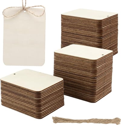 Pack van 100 Houten Labels met Gat, 90 x 65 x 2 mm, Lege Houten Cadeau Tags voor DIY Ambachten en Decoratie