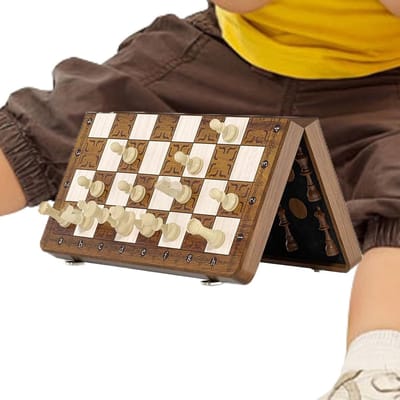 Schaakspel Inklapbaar - Dammen Houten Set - Reis Spel - Magnetisch Bord - 40 x 20 cm - Houtkleur