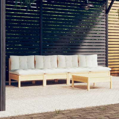 vidaXL - 5-delige - Loungeset - met - crèmekleurige - kussens - grenenhout