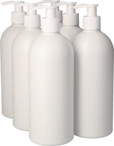 6 x Gerecyclede Plastic Fles 500 ml Dispenserpomp Wit - Rond- Gerecycled HDPE Kunststof - Onbreekbaar - ca. 70% minder Co2 uitstoot door gerecycled materiaal - 6 stuks