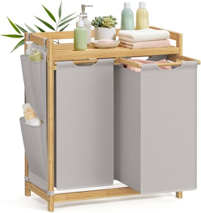 Furnstar wasmand - 2 vakken - Bamboe Wasverzamelaar - 100 l Wassorteerder met plank -Waszak - Kleine zijzakken - Wasrek - 2 x 50 l 63 x 33 x 78 cm - Grijs