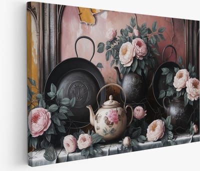 Muurcirkel Hout - Vintage Anemonen en Bloemenpatroon - Tijdloze Kunst - Wandcirkel - Wanddecoratie Cirkel Woonkamer - Landelijke Stijl - Ø 90