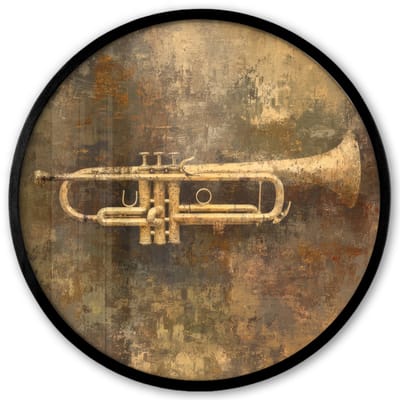 Poster in lijst Rond - Fotolijst 40x40 cm - Posters - Trompet - Geel - Muzikaal - Ronde posterlijst zwart - Decoratie - Wanddecoratie woonkamer - Muurdecoratie slaapkamer