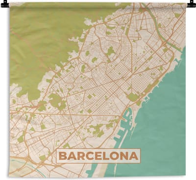Wandkleed - Wanddoek - Kaart - Barcelona - Stadskaart - Vintage - Plattegrond - 180x180 cm - Wandtapijt