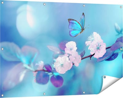 Gards Tuinposter Blauwe Vlinder bij een Roze Bloem - 120x80 cm - Tuindoek - Tuindecoratie - Wanddecoratie buiten - Tuinschilderij