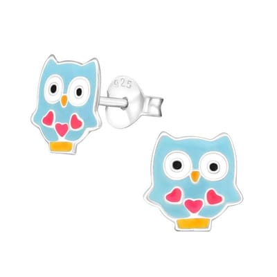 Aramat Jewels | Oorbellen | Schattige Zilveren Uiltjes Oorbellen - Lichtblauw Emaille | | | |7mm | Zilver | Kinderen | Verkleurd niet