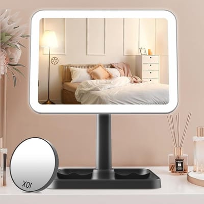 Oplaadbare Make-up Spiegel met Verlichting, Dimbare Touch Sensor, Ideaal voor Badkamer en Reistafel, Inclusief 10x Vergroting voor Nauwkeurige Make-up Applicatie
