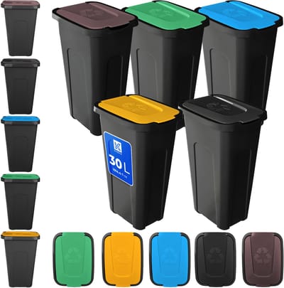 KADAX Vuilnisemmerset voor afvalscheiding, 5 x 30 liter, afvalemmerset voor afvalscheidingssysteem, afvalsorteerder, afvalcontainer van kunststof met klapdeksel (5 stuks, alle dekselkleuren)