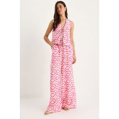 Geometrische V-hals Lange Tuniek en Wijde Pantalon Set