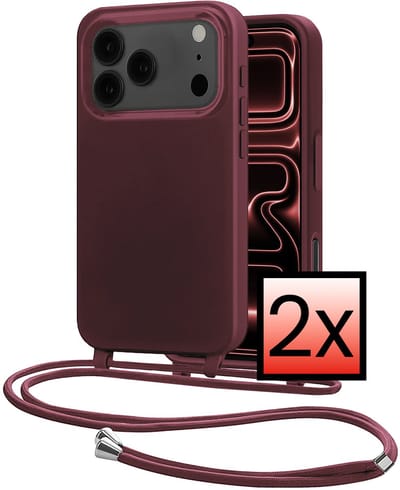 Hoes Geschikt voor iPhone 17 Pro Met Telefoonkoord - Siliconen Hoesje Backcover Met Ketting - Aubergine - 2 PACK