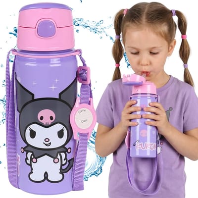 KUROMI Aluminium drinkfles met drinktuit, waterfles met schouderriem, voor meisjes 600 ml