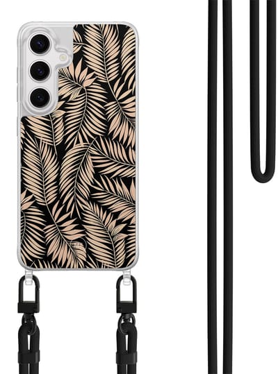 Hoesje met koord geschikt voor Samsung Galaxy S24 - Palm silhouette - Inclusief Zwart koord - Crossbody beschermhoes - Transparant, Zwart, Beige - Mooie Telefoonhoesjes