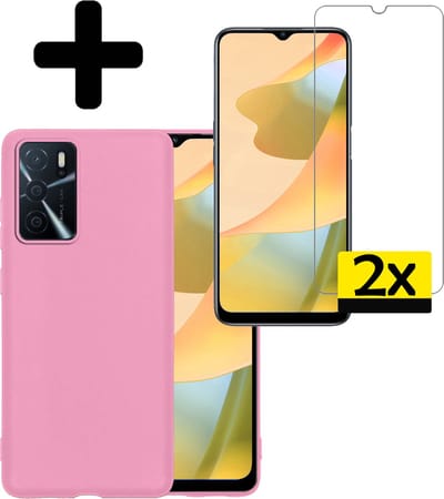 Hoesje - Met 2x Screenprotector - Geschikt voor OPPO A16s - Sterk & Shockproof - Back Cover - Siliconen Case - Telefoon Hoes - Telefoonhoesjes - Lichtroze