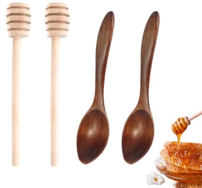 Set van 4 honingroerders en lepel - Houten honinglepels, spiralen en roerstaafjes voor honinggebruik