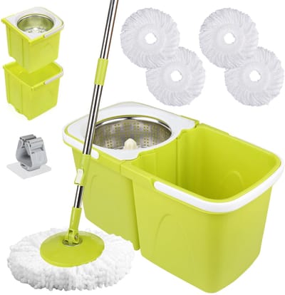 Dailygoods- Dweilset 360° Roterende Spinmop - Emmer met Wringersysteem - Verstelbare Roestvrijstalen Steel - 4 Microvezel Mopkoppen - Superabsorberend - Mopset