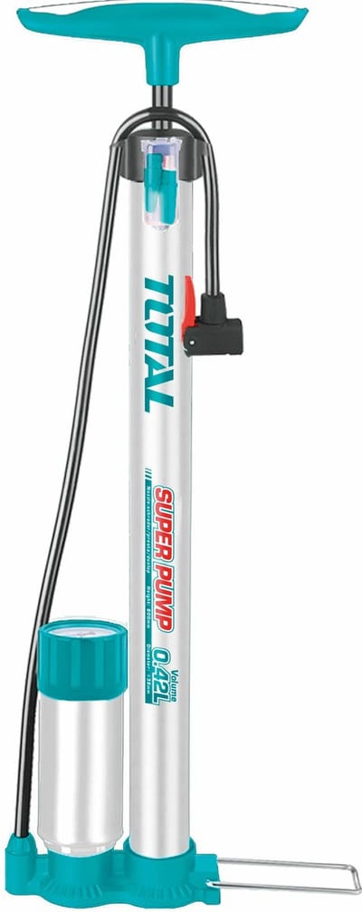 Total Fietspomp handpomp - metaal - zilver/blauw - manometer - met ventieladapter