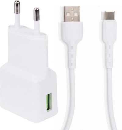 Snellaad Oplader - Snellader Geschikt voor Samsung Telefoon en Tablet - USB C naar USB A - PVC Materiaal - 1 Meter - Oplaadkabel - USB C Adapter - 15W Vermogen - Incl. USB C Kabel - Adaptive Fast Charger - Stekkerblok - Wit