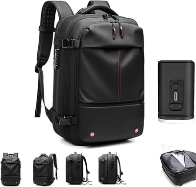 PolkaHome®Vacuüm Rugzak Reizen, 60L Uitbreidbare Rugzak Met Vacuüm Systeem, Multifunctionele Draagbare Reisrugzak voor Mannen (Kleur: Zwart)+Elektrische Opblaaspomp