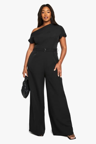 boohoo Dames PLUS asymmetrische jumpsuit met ceintuur | Black | Maat: 28