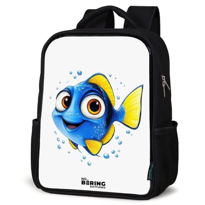 NoBoringSuitcases.com® - Rugzak zwart - Schooltas jongen & meisje - Blauwe vis met gele vinnen en vrolijke blik - Rugtas voor school - Boekentas kind - Schoolrugzak - Kinderrugzak