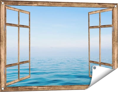 Gards Tuinposter Doorkijk Zee met een Blauw Hemel Achtergrond - 90x60 cm - Tuindoek - Tuindecoratie - Wanddecoratie buiten - Tuinschilderij