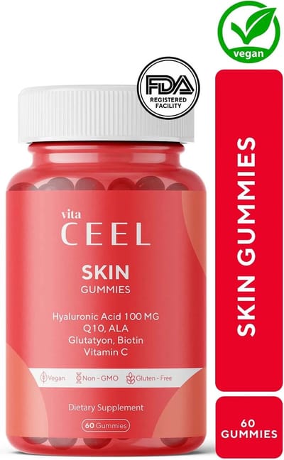 Vita Ceel Skin gummies - Vitamine gummies voor huid - Beautysupplement voor een gezonde, stralende en heldere huid - Vegan met hyaluronzuur, vitamine C, glutathion, Q10 - voedingssupplement met aardbeiensmaak - 60 gummies 240 gr