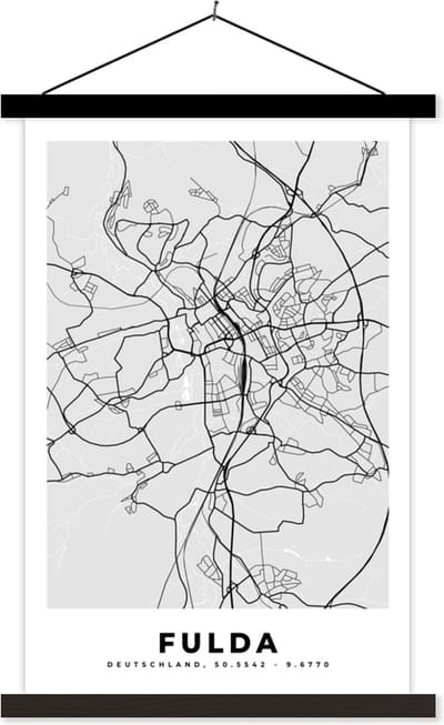 Posterhanger incl. Poster 40x60 cm - Schoolplaat - Fulda - Kaart - Stadskaart - Plattegrond - Duitsland - Textielposter - Zwarte latten - Stadskaart