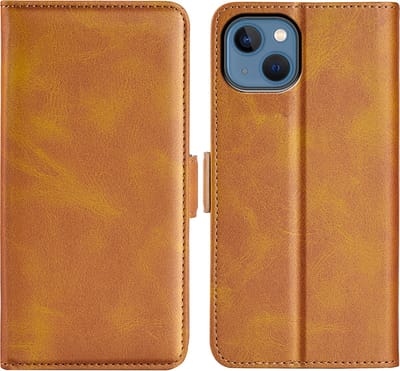 MobyDefend Hoesje - Geschikt voor iPhone 14 - Luxe Wallet Book Case (Sluiting Zijkant) - Lichtbruin