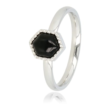 My Bendel - Ring Zilverkleurig met Zwarte Vintage Glassteen Hexa - Zilverkleurige Ring - Zeshoek - Zwarte Glassteen - Vintage Look - met Luxe Cadeauverpakking | Sieraden Voor Dames | Maat 16.00 Mm / Maat 50