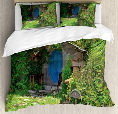 ABAKUHAUS Hobbit dekbedovertrek voor eenpersoonsbedden, mijtbestendige allergiepatiënten geschikt met kussensloop, 130 x 200 cm, groen bruin blauw